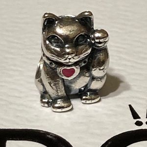 Authentic PANDORA Sterling Silver Lucky Cat Charm with box.